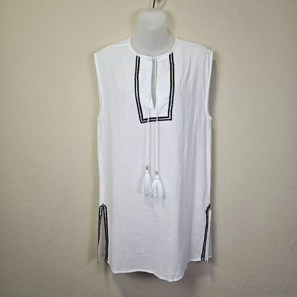 J.Crew Womens S Coverup White Sleeveless Tassel Beach Tunic C4368 Resort Cotton